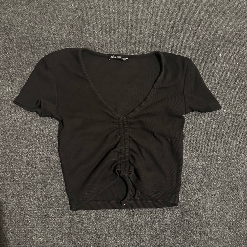Zara Black Ruched V-Neck Tie Short Sleeve Shirt Top Women’s Size Small
